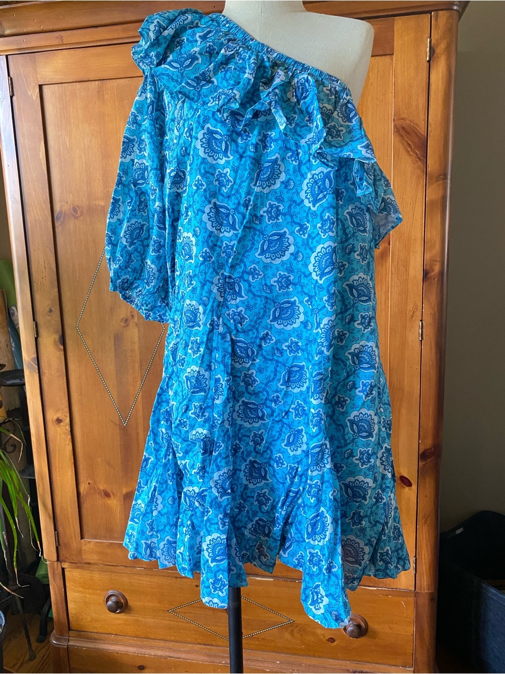 RHODE Blue Paisley One Shoulder Ruffle Dress NWT Size XL